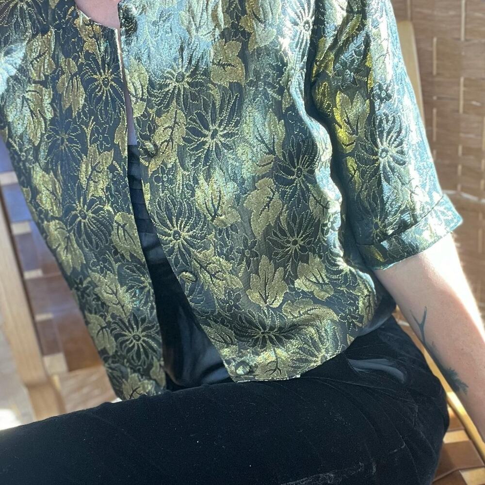 Women's Small Button Up Blouse Black Gold Brocade Vintage